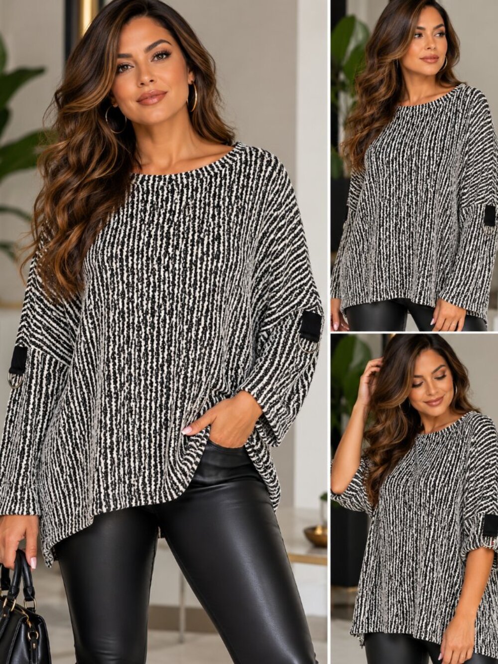 NWT - Chalet et Ceci Textured Ribbed Knit Roll-Tab Sleeve Top Sz M